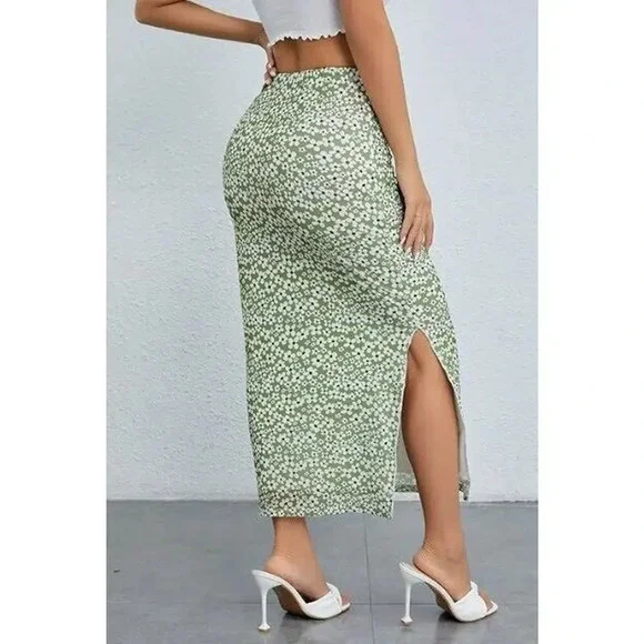 Milumia Women's Floral Print High Waist Skirt High Side Split Boho Small green - Picture 2 of 10